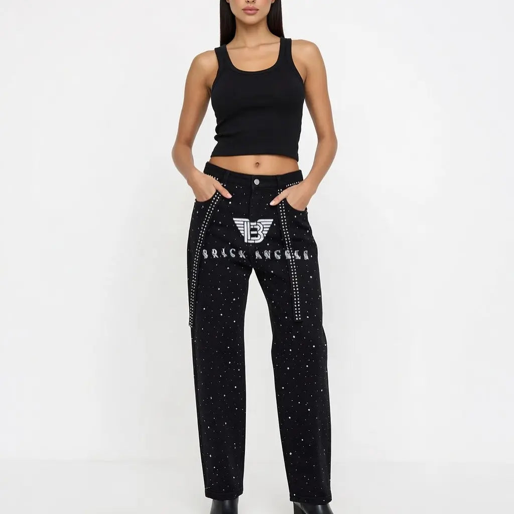 BAC Unisex Rhinestone Star Loose Straight Jeans Brick Angels Clothing