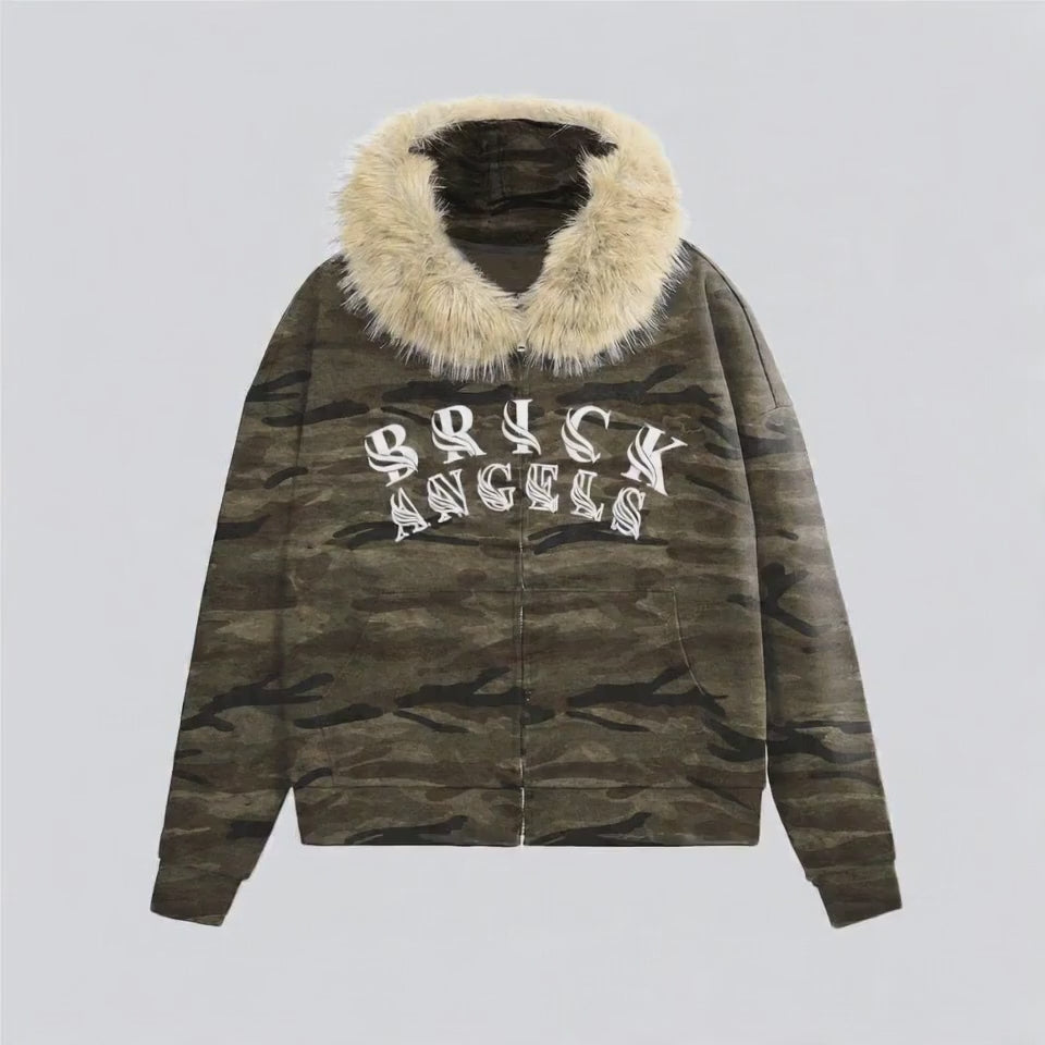 BAC Unisex Heavyweight Camo Fur-Trim  Hoodie-fur trim camo hoodie